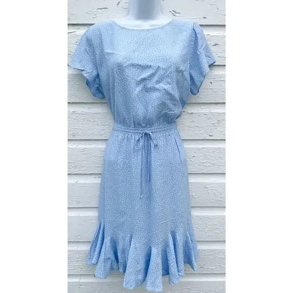 LOFT Dress Womens M Light Blue Polka Dot Godet Ruffle Tie Waist Minimalist - Picture 4 of 9